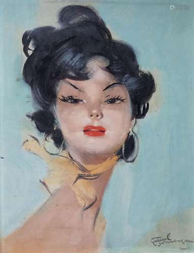 Jean-Gabriel DOMERGUE (1889-1962). Tête de jeune femme brune...