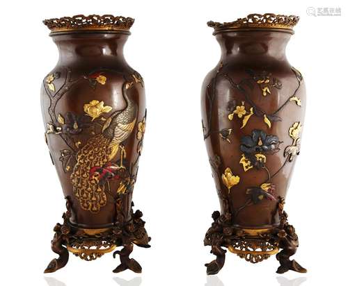 A PAIR OF ORMOLU MOUNTED INLAID BRONZE VASES, MEIJI PERIOD