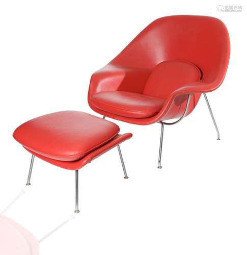 A RED 'WOMB CHAIR' AND FOOTSTOOL, DESIGNED BY EERO SAARINEN ...