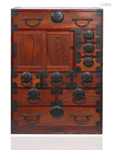 A STAINED WOOD AND IRON ACCENTED DUNBAR-STYLE CABINET, AFTER...