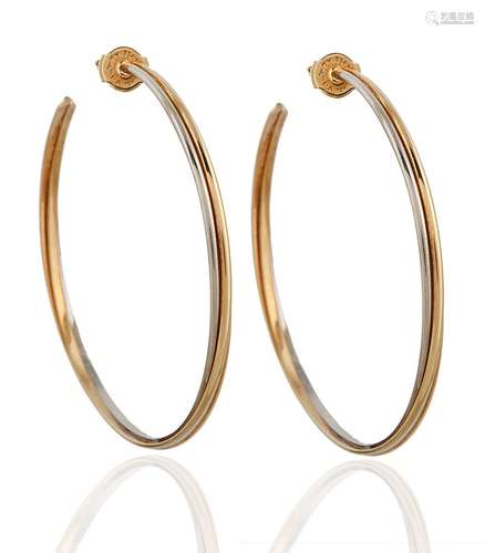 A PAIR OF CONTEMPORARY CARTIER 18K GOLD 'TRINITY' HOOP EARRI...