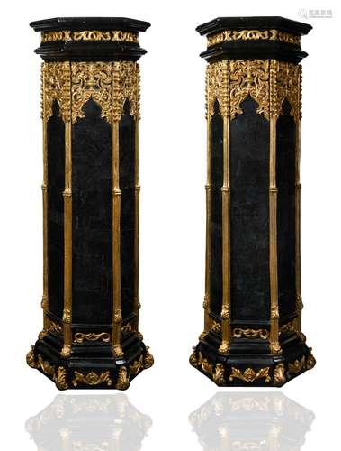 A PAIR OF MONUMENTAL ORMOLU STONE INLAY AND GILT WOOD PEDEST...