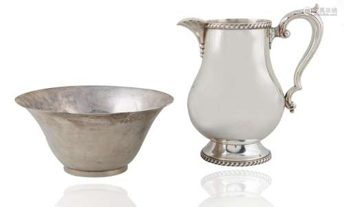 A GROUP OF TWO SILVERPLATED PITCHER AND WASH BASIN, ONE WALL...