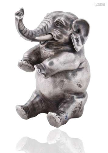 A FABERGE SILVER TABLE ELEPHANT SCULPTURE, WORKMASTER JULIUS...