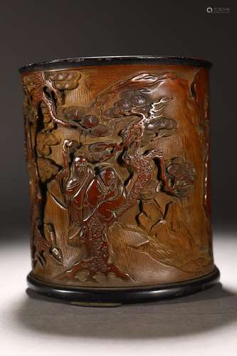 CHINESE BAMBOO BRUSHPOT WITH CARVED 'FIGURE STORY'