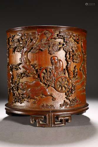 CHINESE BAMBOO BRUSHPOT WITH CARVED 'FIGURE STORY'