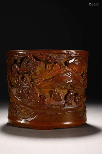 CHINESE BAMBOO BRUSHPOT WITH CARVED 'FIGURE STORY'