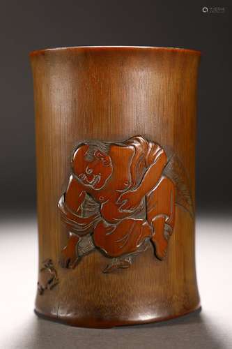 CHINESE BAMBOO BRUSHPOT WITH CARVED 'LIUHAI AND JINCHAN&...