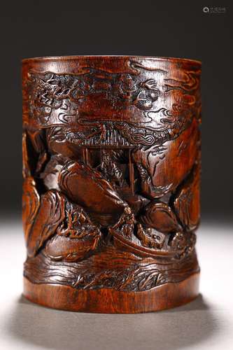 CHINESE AGARWOOD BRUSHPOT WITH CARVED 'FIGURE STORY'