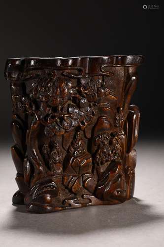 CHINESE AGARWOOD BRUSHPOT WITH CARVED 'FIGURE STORY'