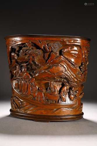 CHINESE INSCRIBED BOXWOOD BRUSHPOT WITH CARVED 'FIGURE S...