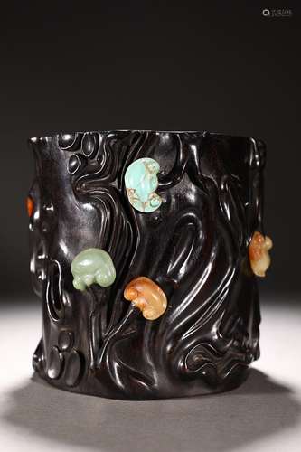 CHINESE MIXED GEMSTONES-INLAID SANDALWOOD BRUSHPOT WITH CARV...