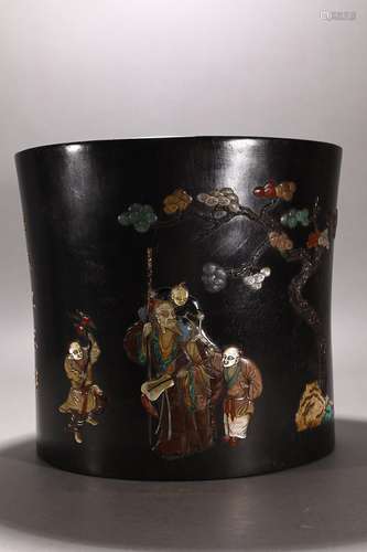 CHINESE INSCRIBED MIXED GEMSTONES-INLAID SANDALWOOD BRUSHPOT...