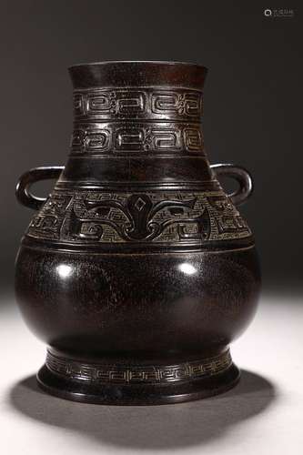 CHINESE SANDALWOOD VASE WITH CARVED 'TAOTIE AND ANIMAL M...