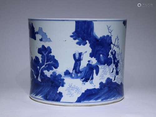 CHINESE BLUE-AND-WHITE BRUSHPOT DEPICTING 'FIGURE STORY&...