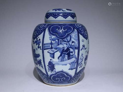 CHINESE BLUE-AND-WHITE COVERED JAR DEPICTING 'FIGURE STO...