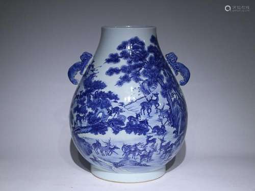 CHINESE BLUE-AND-WHITE DEER-HANDLED ZUN VASE DEPICTING '...