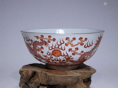 CHINESE IRON-RED ENAMELED BOWL DEPICTING 'DRAGON', &...