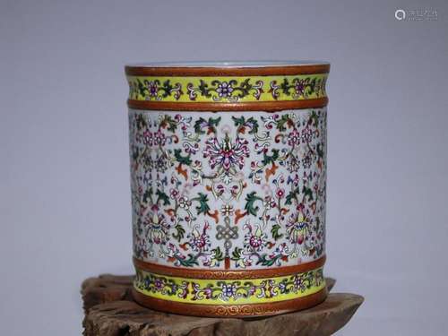 CHINESE FAMILLE-ROSE BRUSHPOT DEPICTING 'FLORAL SCROLL&#...