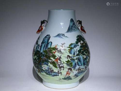 CHINESE FAMILLE-ROSE DEER-HANDLED ZUN VASE DEPICTING 'HU...