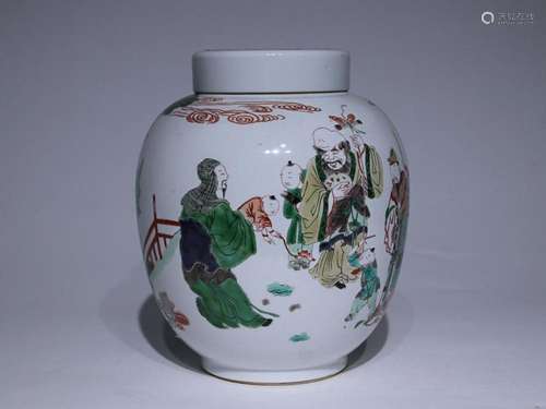 CHINESE FAMILLE-VERTE COVERED JAR DEPICTING 'FIGURE STOR...