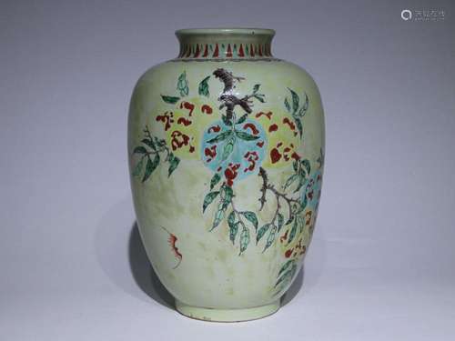 CHINESE YELLOW-GROUND FAMILLE-VERTE JAR DEPICTING 'BAT A...