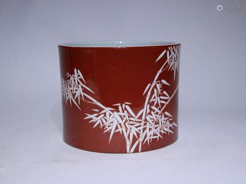 CHINESE RED-GLAZED BRUSHPOT DEPICTING 'BAMBOO' AND W...