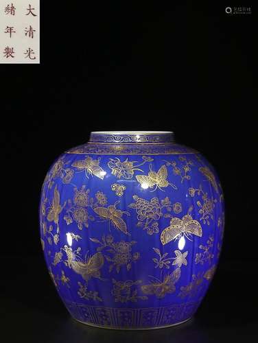 CHINESE GILDED ON BLUE ENAMELED JAR DEPICTING 'BUTTERFLY...