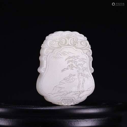 CHINESE INSCRIBED HETIAN JADE PLAQUE WITH CARVED 'FIGURE...