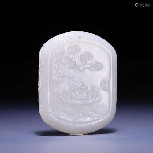 CHINESE HETIAN JADE PLAQUE WITH CARVED 'FIGURE STORY'...