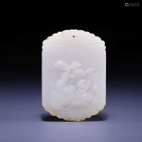 CHINESE HETIAN JADE PLAQUE WITH CARVED 'FIGURE STORY'...