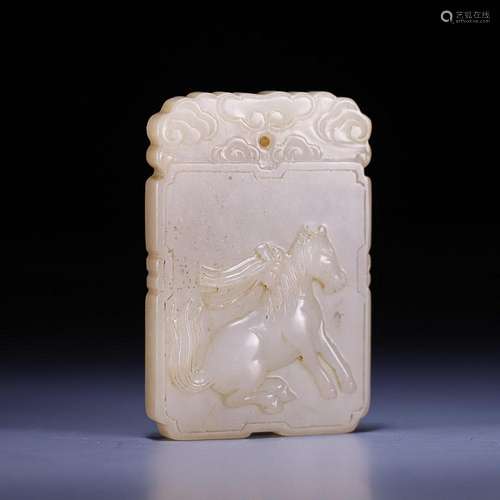 CHINESE INSCRIBED HETIAN JADE PLAQUE WITH CARVED 'HORSE&...