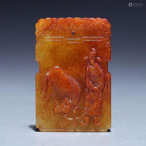 CHINESE HETIAN JADE PLAQUE WITH CARVED 'FIGURE STORY'...