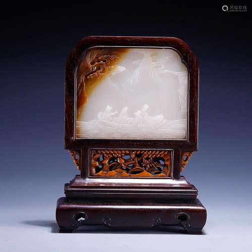 CHINESE HETIAN JADE PANEL SCREEN WITH CARVED 'FIGURE IN ...