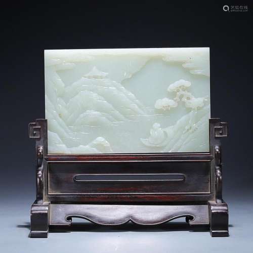 CHINESE HETIAN JADE PANEL SCREEN WITH CARVED 'FIGURE IN ...