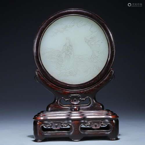 CHINESE INSCRIBED HETIAN JADE PANEL SCREEN WITH CARVED '...