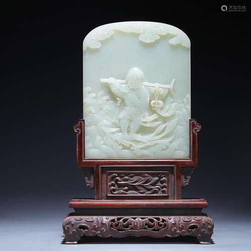 CHINESE INSCRIBED HETIAN JADE PANEL SCREEN