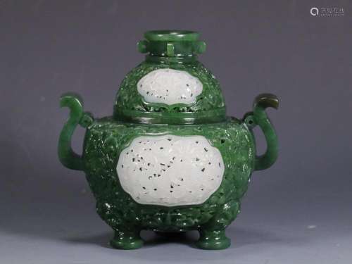 CHINESE HETIAN JADE CENSER WITH CARVED 'DRAGON AND PHOEN...
