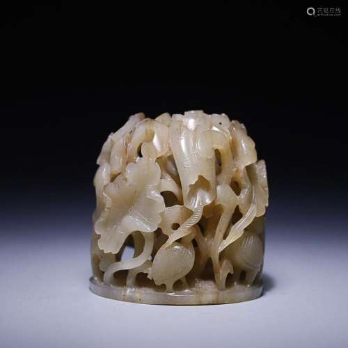 CHINESE HETIAN JADE KNOB WITH CARVED 'LOTUS'