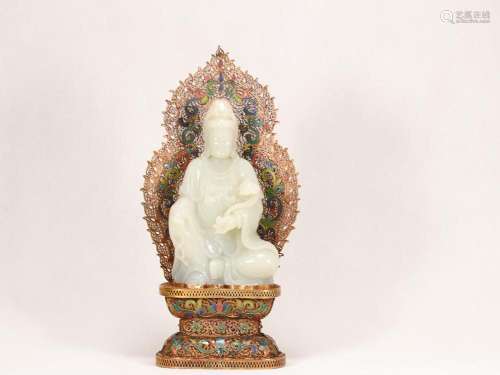 CHINESE HETIAN JADE FIGURE OF GUANYIN ON GILT-BRONZE STAND
