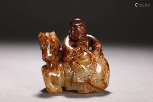 CHINESE HETIAN JADE FIGURE OF BARBARIAN ON HORSE