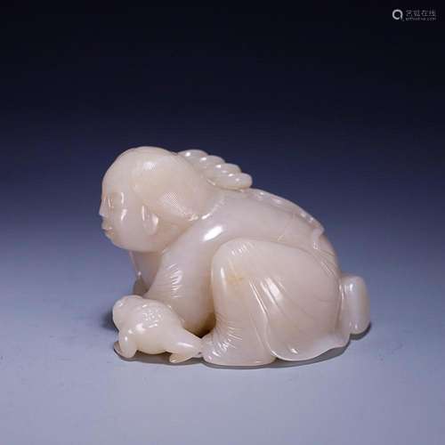 CHINESE HETIAN JADE FIGURE OF LIUHAI AND JINCHAN