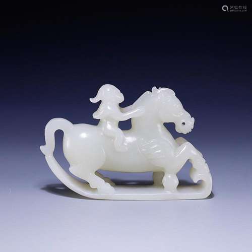 CHINESE HETIAN JADE FIGURE OF BARBARIAN ON HORSE