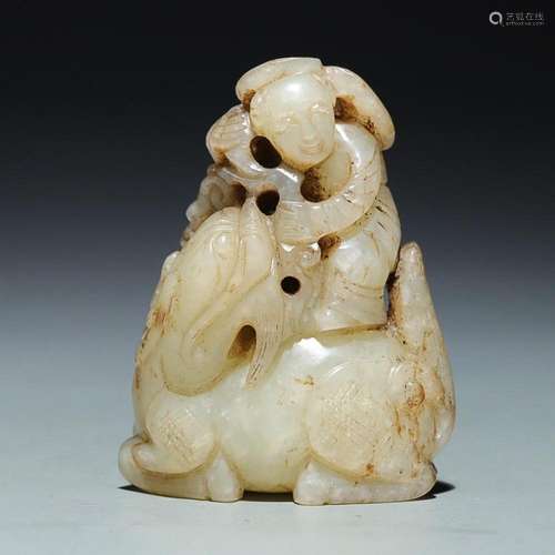 CHINESE HETIAN JADE FIGURE BOY ON BEAST