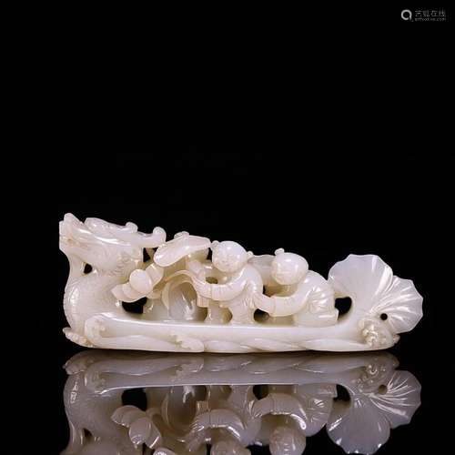 CHINESE HETIAN JADE FIGURE ON BOAT