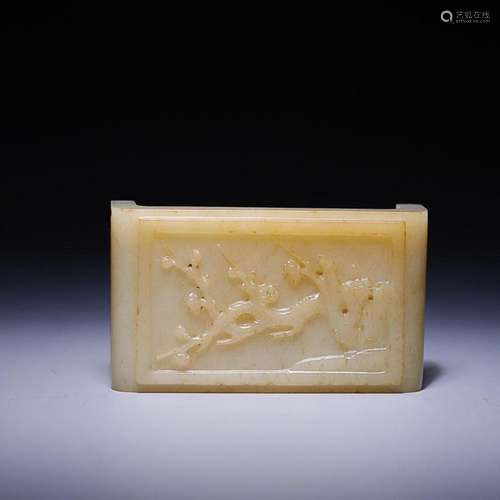 CHINESE HETIAN JADE INKSTONE TRAY WITH CARVED 'PRUNUS...