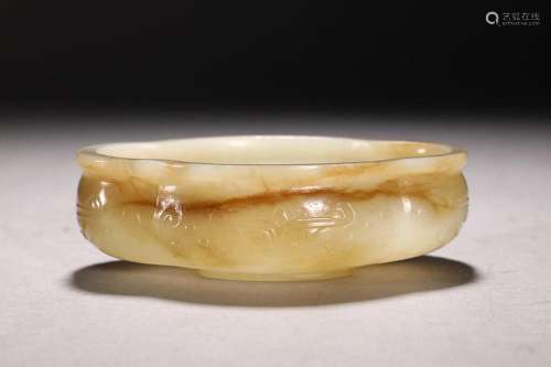 CHINESE HETIAN JADE BRUSH WASHER WITH CARVED 'TAOTIE AND...