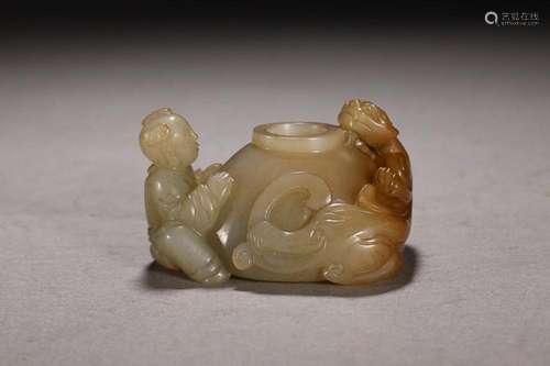 CHINESE HETIAN JADE WATER JAR WITH CARVED 'BOY AND DRAGO...