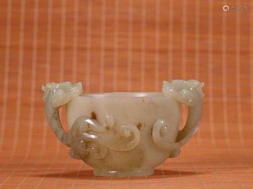 CHINESE HETIAN JADE DRAGON-HANDLED CUP