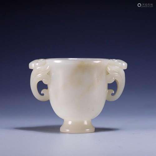 CHINESE HETIAN JADE RUYI-HANDLED CUP